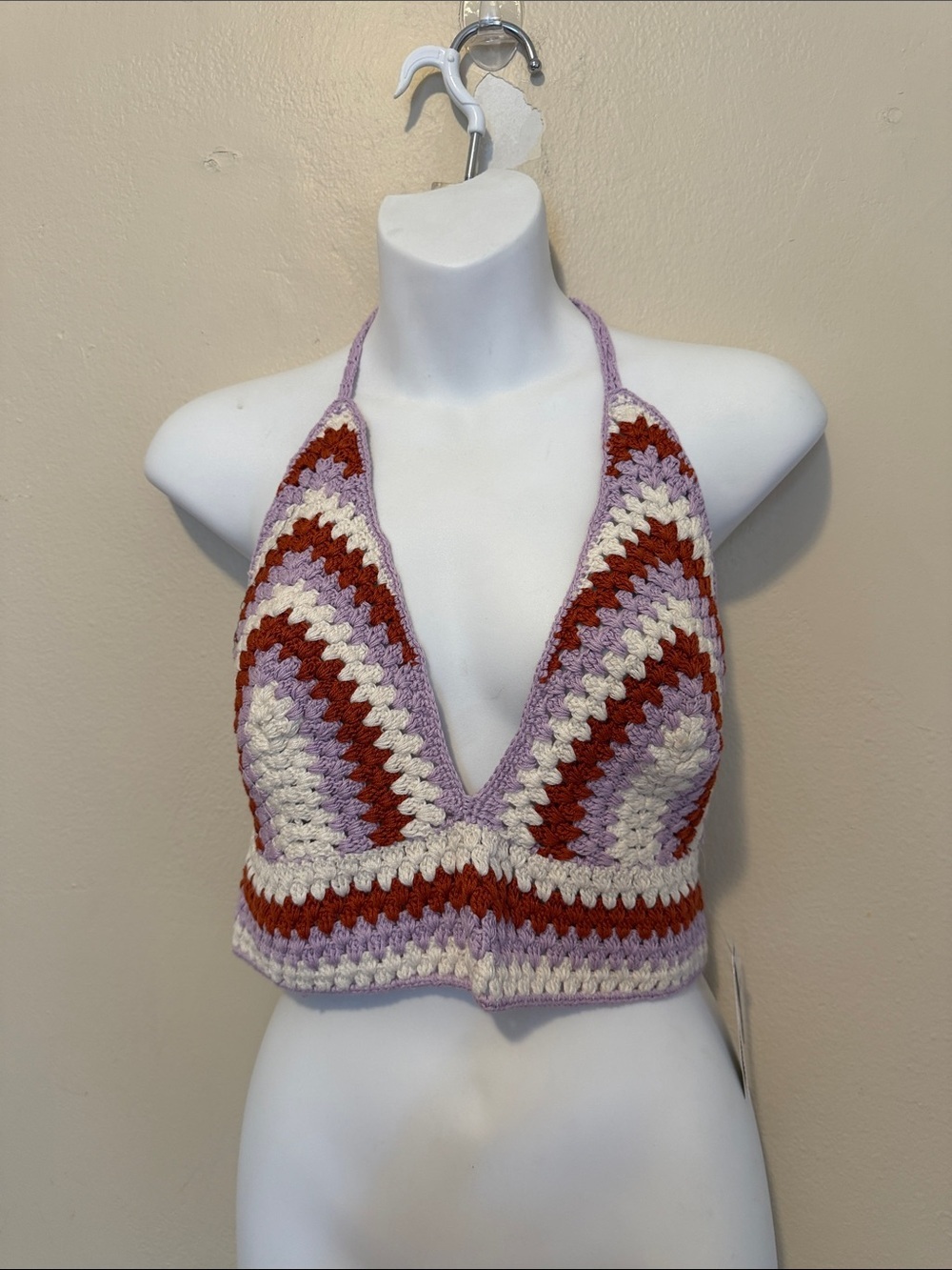 bp Crochet Halter Crop Top in Lavender, Rust & Cream